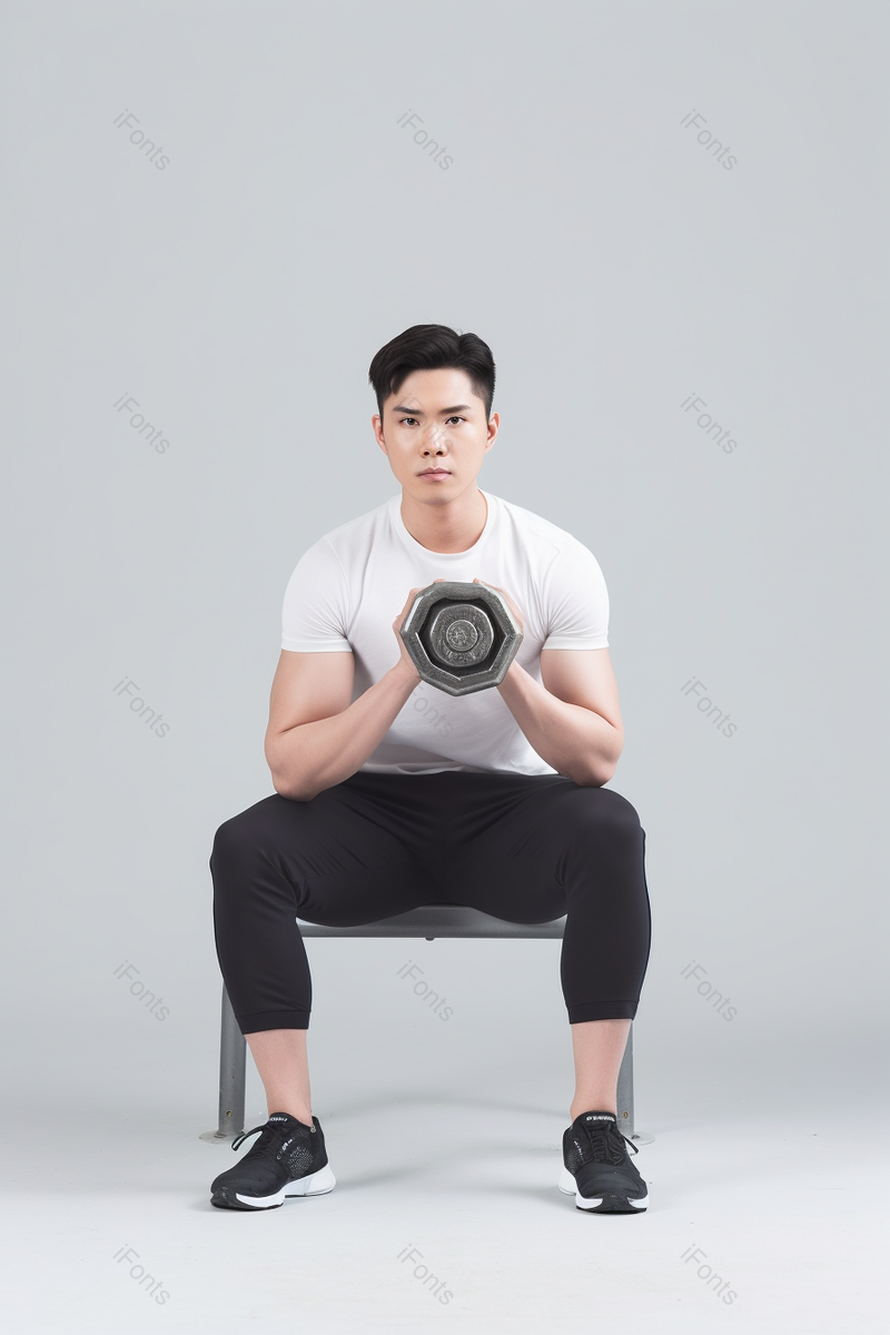 青年男性坐椅子上举哑铃健身,高清,摄影图,摄影图片,图片大全,摄影图免费下载